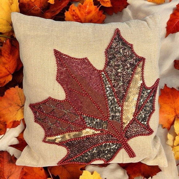 Pier 1 Imports Tan and Red Fall Leaf Beaded Pillow 14"x15" - Picture 1 of 7